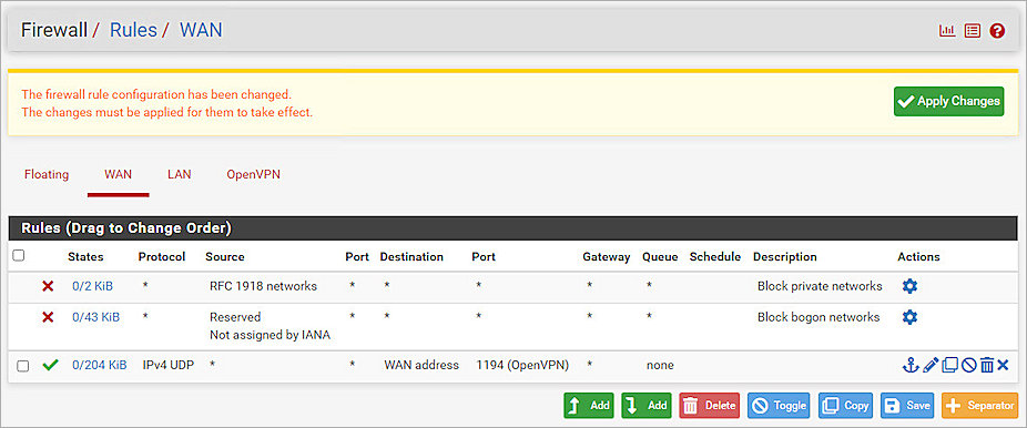 Screenshot of pfSense, Rule 1